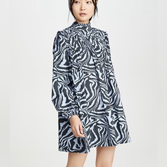 Ganni Dresses Ganni Printed Cotton Poplin Dress Blue Zebra 36 4